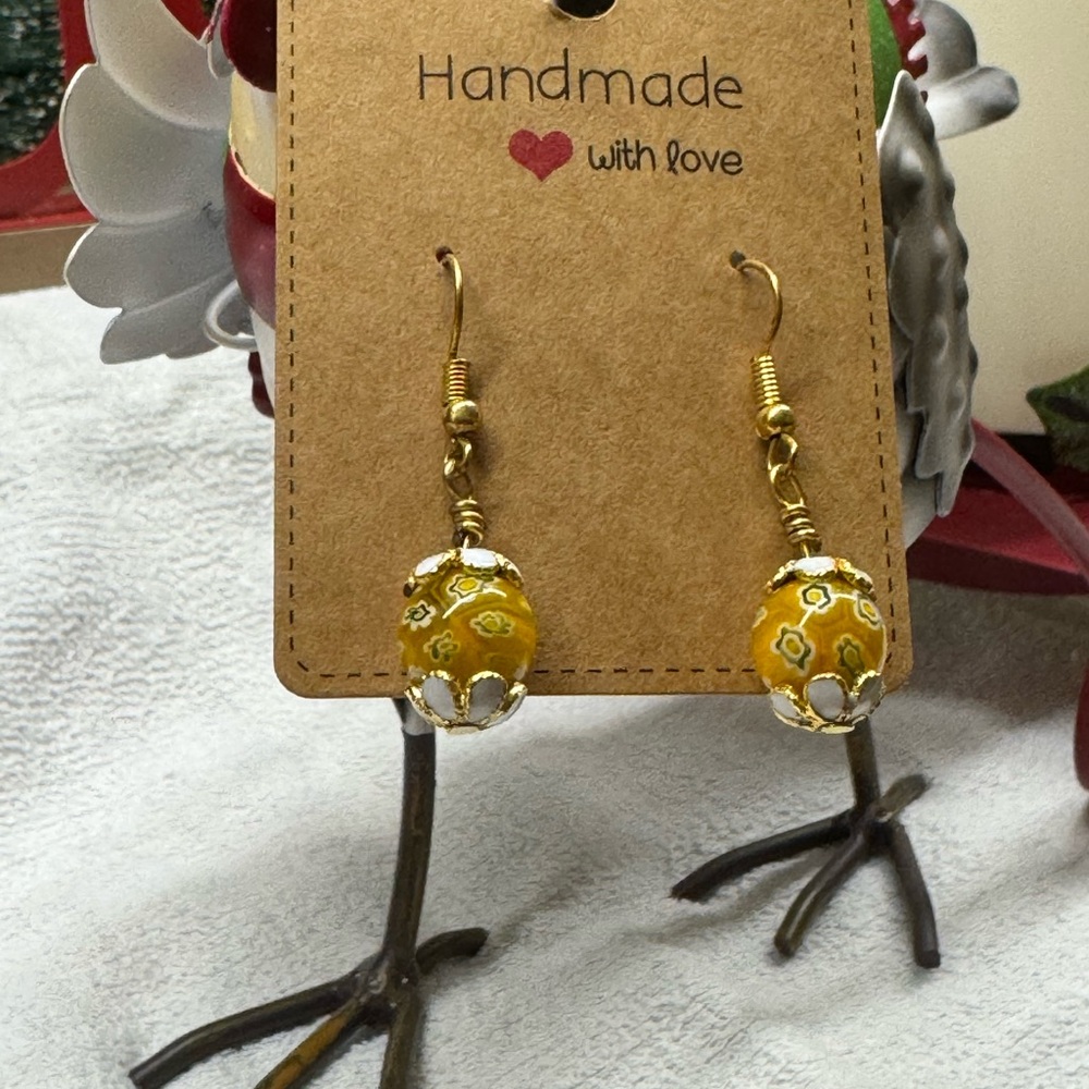 Yellow Millefiori Earrings with Gold Cloissione Bead Cap Accents 2/$22